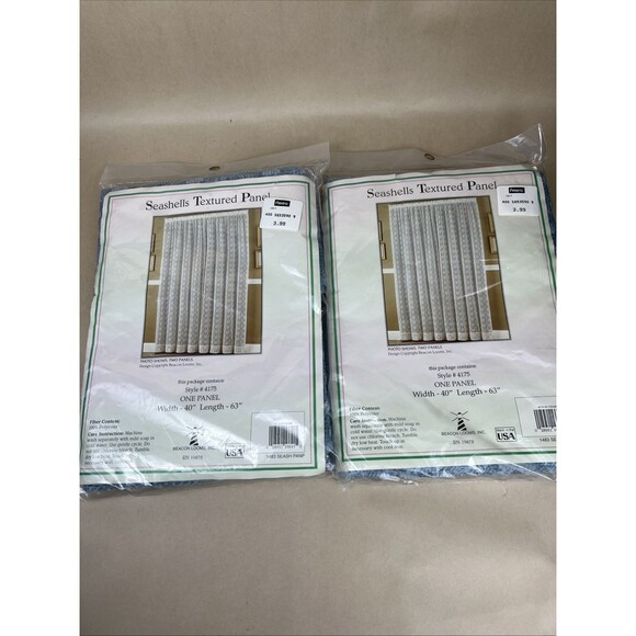 2 VTG Ames NOS Beacon Looms Blue Seashells Textured Curtain Panel W40xL63” USA - Picture 1 of 6